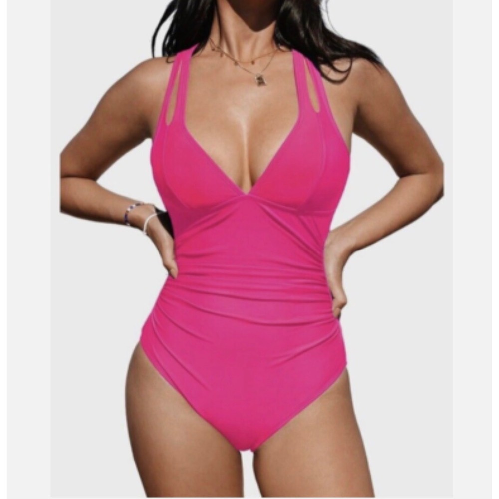 NEW Cupshe Womens Hot Pink Ruched V-Neck One Piece Swimsuit Size XL Beach